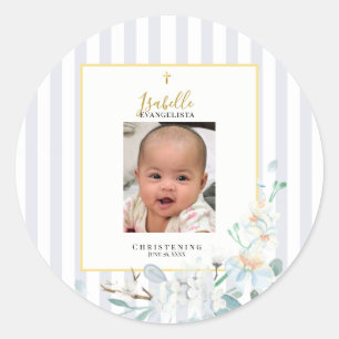 Adesivo Redondo Elegante Azul Dourado Floral Foto Batizado