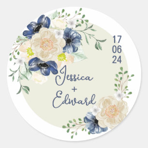 Adesivo Redondo Elegante Azul Indigo Nome do Casal Floral Data Mod