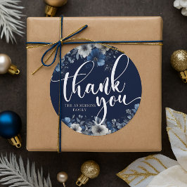 Adesivo Redondo Elegante Azul Marinho e Floral Prateado