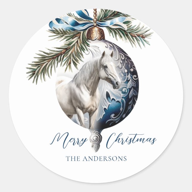 Adesivo Redondo Elegante azul-natalino equestre branco (Frente)