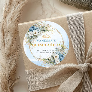 Adesivo Redondo Elegante Azul Pastel Dourado Eucalipto Quinceañera
