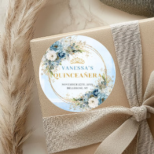 Adesivo Redondo Elegante Azul Poeirento Dourado Eucalipto Quinceañ