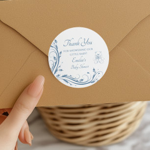 Adesivo Redondo Elegante Azul Vintage Menino Baby Shower Obrigado