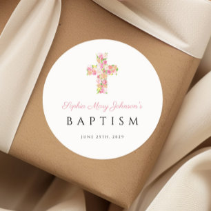 Adesivo Redondo Elegante Batismo Religioso Cruz Floral Rosa