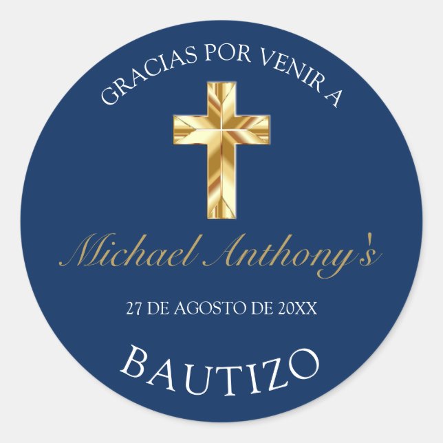 Adesivo Redondo Elegante Bautismo de Bebé Azul Dorado Gracias (Frente)