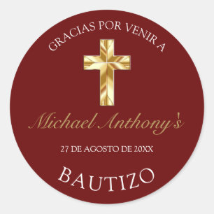 Adesivo Redondo Elegante Bautismo de Bebé Borgoña Dorado Gracias