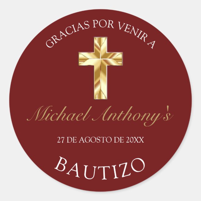 Adesivo Redondo Elegante Bautismo de Bebé Borgoña Dorado Gracias (Frente)