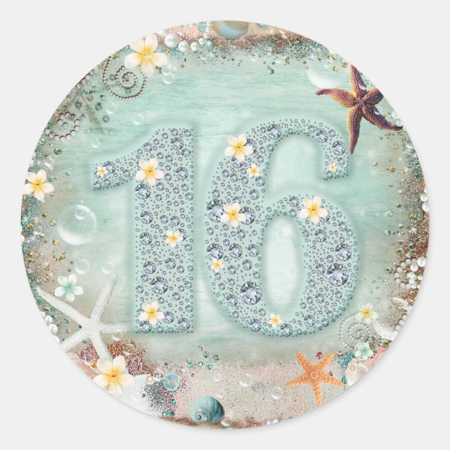 Adesivo Redondo Elegante Beach Sea Starfish & Pearls Diamond 16 (Frente)