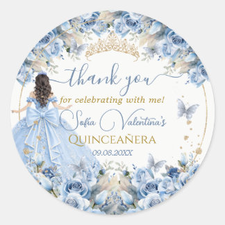 Adesivo Redondo Elegante Bebê Azul Dourado Quinceañera Princesa La