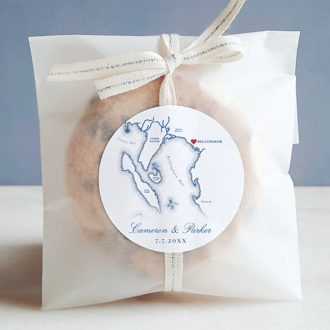 Adesivo Redondo Elegante Bellingham Washington Map Weding Favor (Elegant Bellingham Washington Wedding favor round sticker labels with navy blue map from Coastal Map)