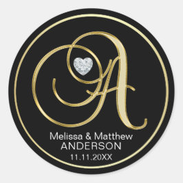 Adesivo Redondo Elegante Black Dourado Monograma - Letra A Heart D