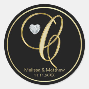 Adesivo Redondo Elegante Black Dourado Monograma - Letra C Diamant