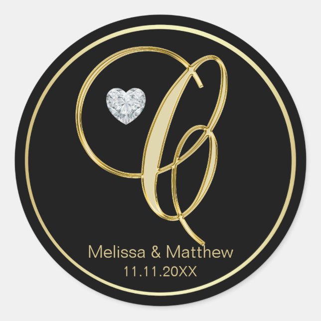 Adesivo Redondo Elegante Black Dourado Monograma - Letra C Diamant (Frente)