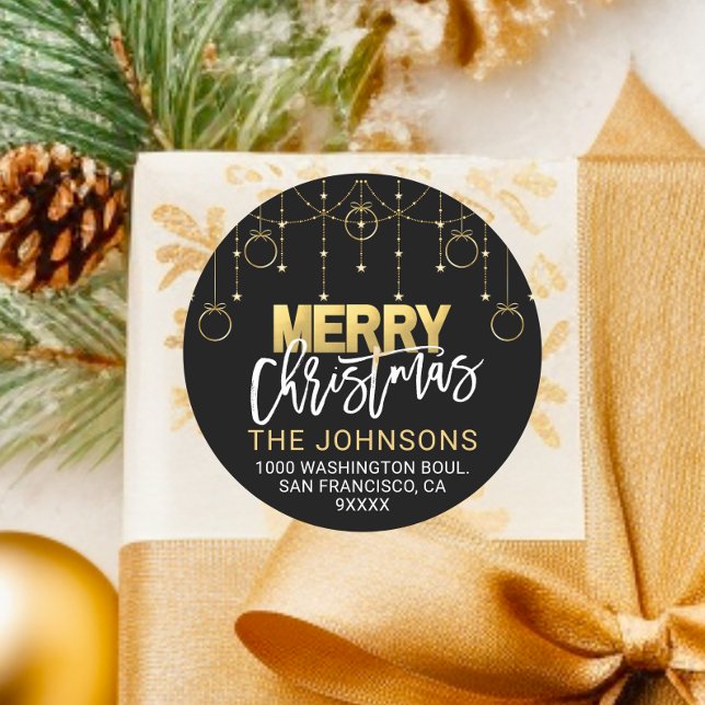 Adesivo Redondo Elegante Black Dourado Twinkle Stars Endereço de N (Elegant Black Gold Twinkle Stars Christmas Address Classic Round Sticker)
