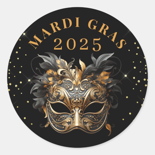 Adesivo Redondo Elegante Black Glitter Mardi Gras 2025 (Frente)