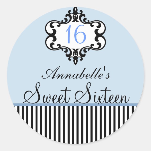 Adesivo Redondo Elegante Blue & Black Chic Sweet 16 Sticker (Frente)