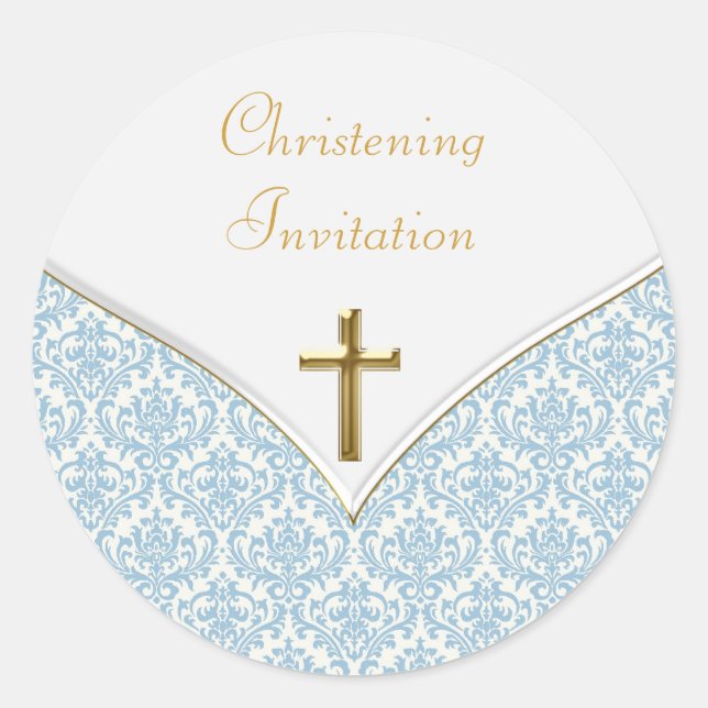 Adesivo Redondo Elegante Blue Damask Christening (Frente)