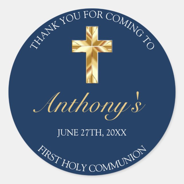 Adesivo Redondo Elegante Blue Dourado Primeira Sagrada Comunhão Ob (Frente)