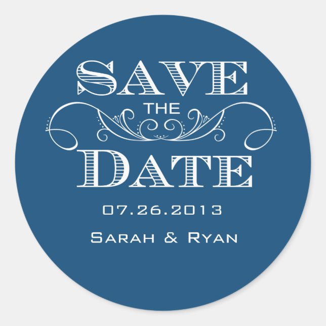 Adesivo Redondo Elegante Blue Save the Date Sticker (Frente)