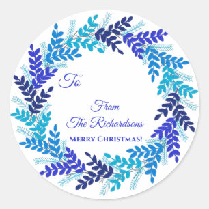 Adesivo Redondo Elegante Blue Wreath Name Vinheta de Natal