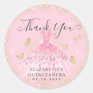 Adesivo Redondo Elegante Blush Dourado, palha, Quinceañera Obrigad