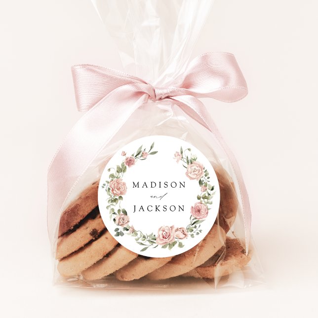 Adesivo Redondo Elegante Blush Rosas e Greenery Wedding (Criador carregado)