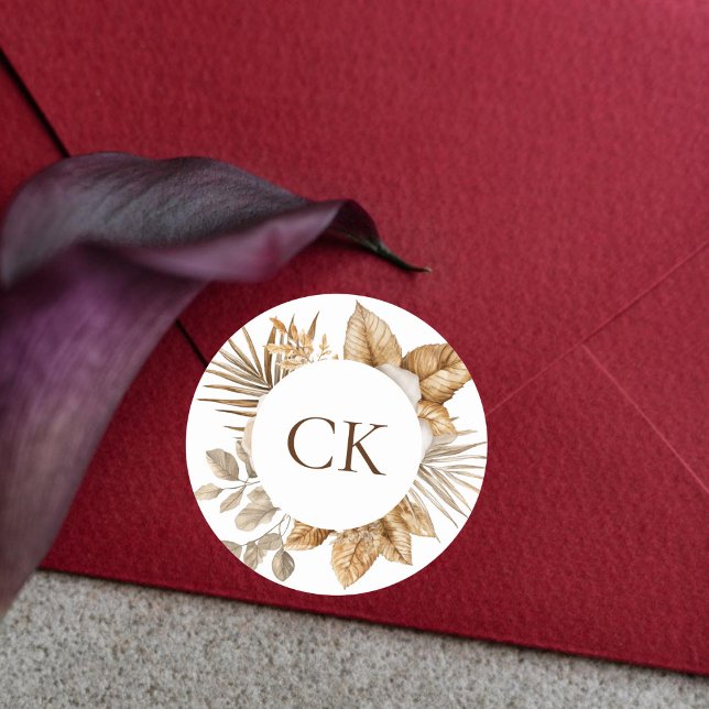 Adesivo Redondo Elegante Boho Neutral Floral Monograma Favor de Ca (Criador carregado)