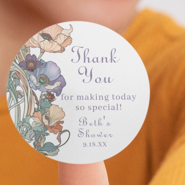 Adesivo Redondo Elegante Boho Purple e Pesspies Pêssegos, Obrigado (Express heartfelt gratitude with our elegant Boho Poppies Thank You Sticker. Perfect for showers.)