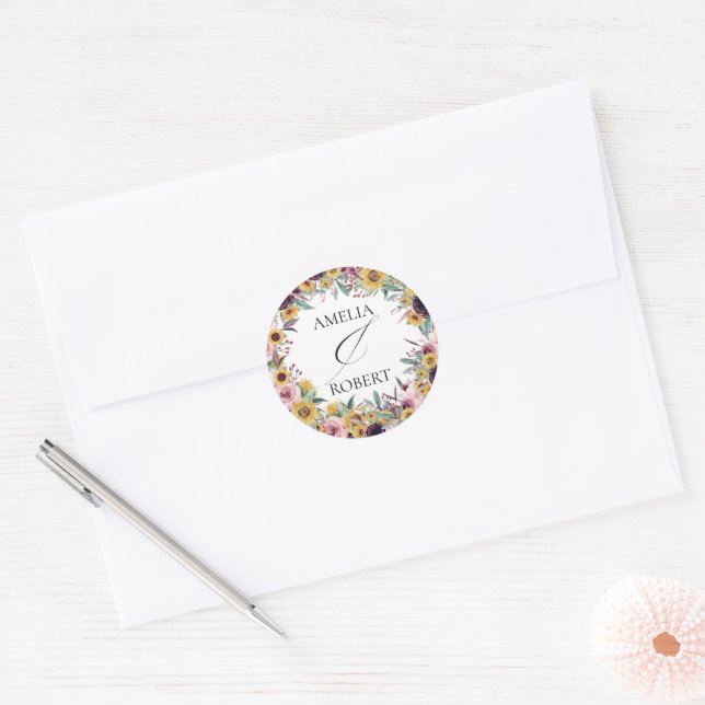Adesivo Redondo Elegante Boho Sunflower Rustic Casamento outono (Envelope)