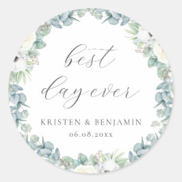 Adesivo Redondo Elegante Boho White Floral Greenery Favor do Casam
