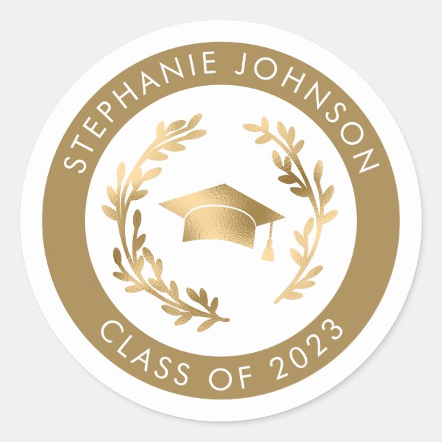Adesivo Redondo Elegante Boné de Graduação Dourado e Coroa de Lour (Frente)