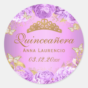 Adesivo Redondo Elegante Borboletas Florais Roxas Quinceanera