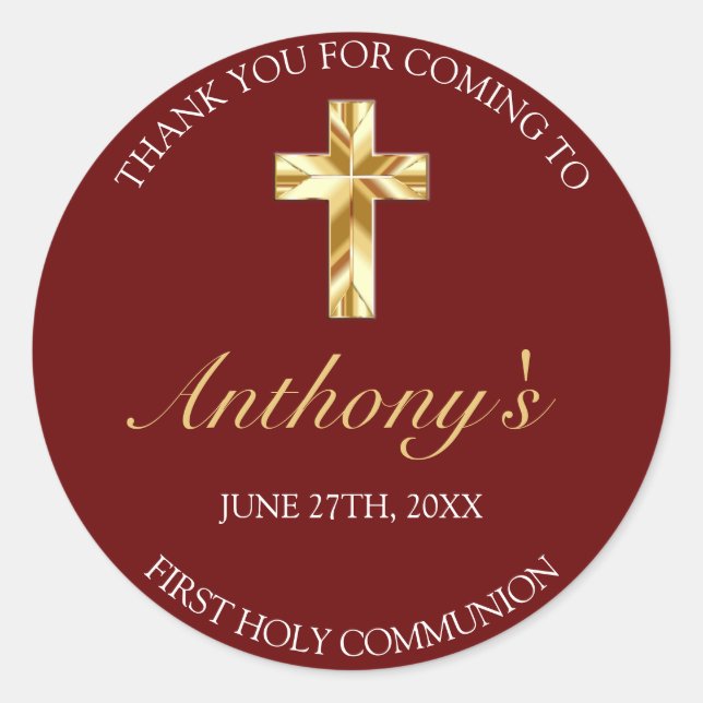 Adesivo Redondo Elegante Borgonha Dourada Primeira Comunhão Obriga (Frente)