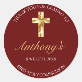 Adesivo Redondo Elegante Borgonha Dourada Primeira Comunhão Obriga