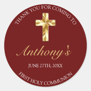 Adesivo Redondo Elegante Borgonha Dourada Primeira Comunhão Obriga