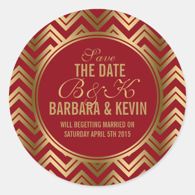 Adesivo Redondo Elegante Borgonha e Dourada Zigzag Chevron (Frente)