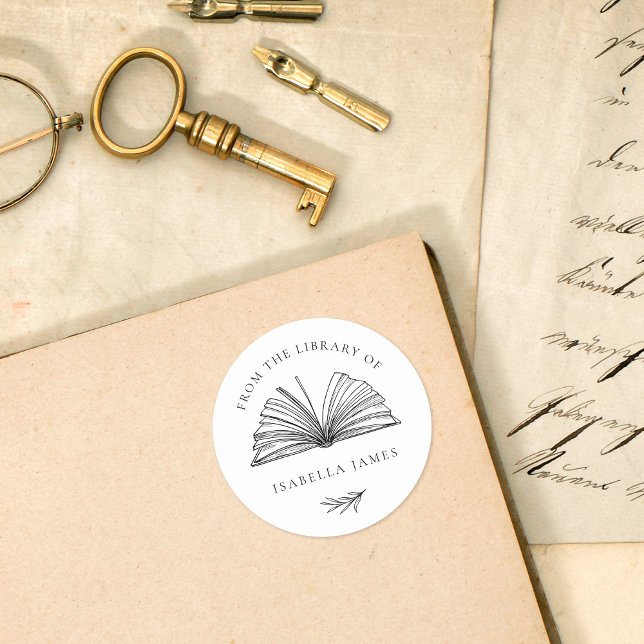 Adesivo Redondo Elegante Botânico Da Biblioteca De Nome Personaliz (Criador carregado)