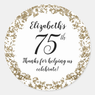 Adesivo Redondo Elegante Branco Preto e Dourado Aniversário de 75 