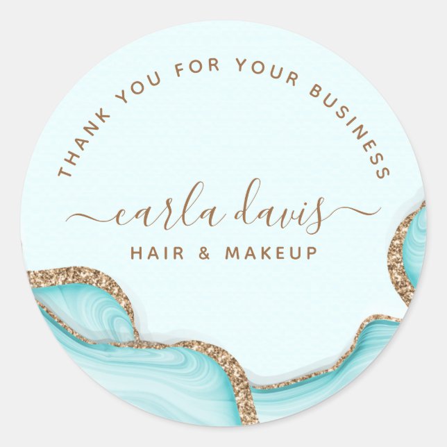 Adesivo Redondo Elegante Brilho Dourado Azul Mármore Ágata Moderno (Frente)