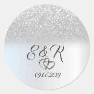 Adesivo Redondo Elegante brilho prateado Bokeh, Corações Casamento