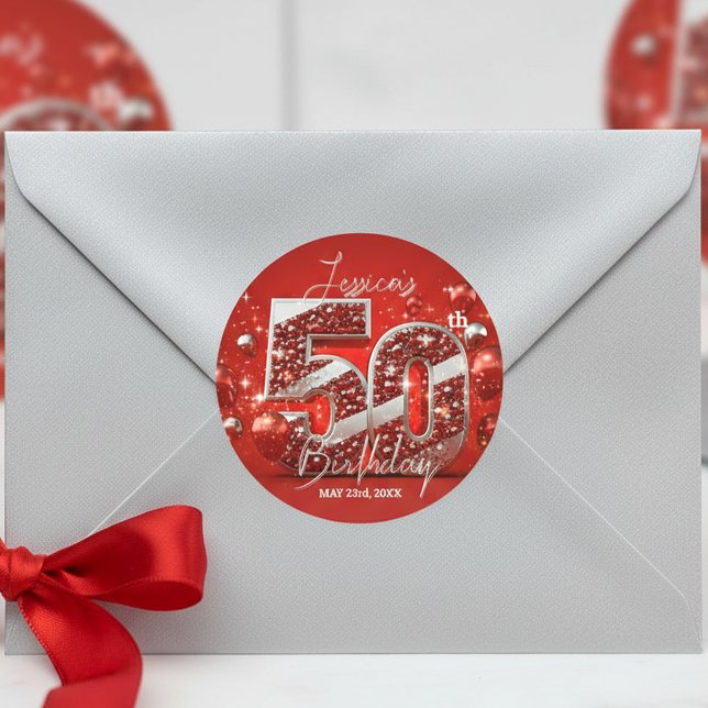 Adesivo Redondo Elegante Brilho Vermelho e Prata para 50º Aniversá (Criador carregado)