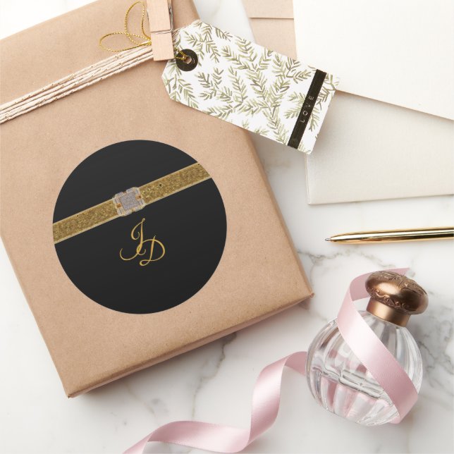 Adesivo Redondo Elegante Broche de Glitter Preto e Dourado Casamen (Presentear)