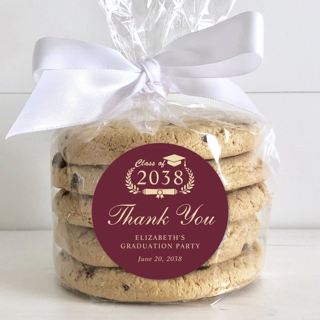 Adesivo Redondo Elegante Burgundy Dourada Graduação Obrigado (Criador carregado)