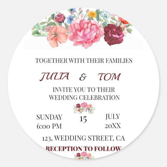 Adesivo Redondo Elegante Burgundy e Rosy Floral (Frente)