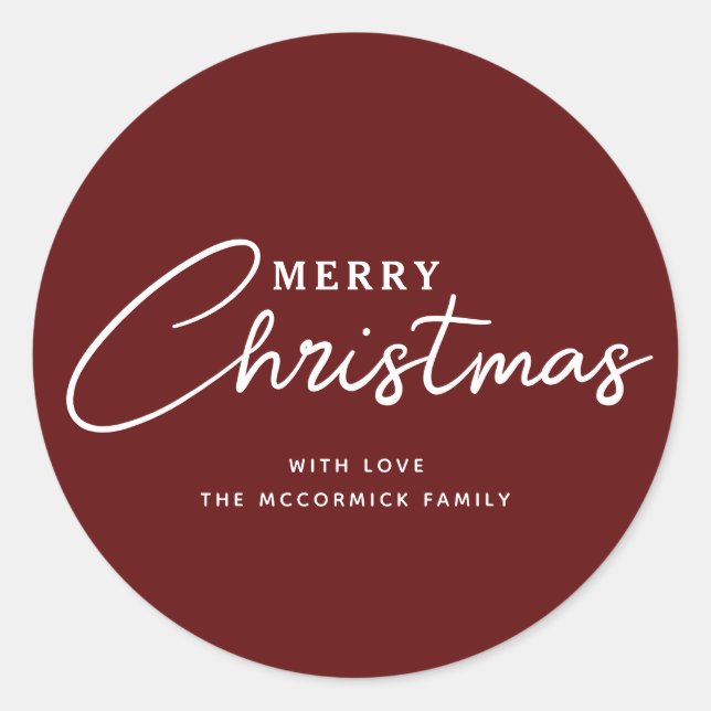 Adesivo Redondo Elegante Burgundy - Merry Christmas Script Name (Frente)