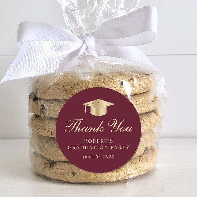 Adesivo Redondo Elegante Burgundy Red Dourada Graduação Obrigado (Criador carregado)