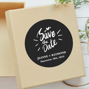 Adesivo Redondo Elegante Caligrafia Casamento Save the Date Preto