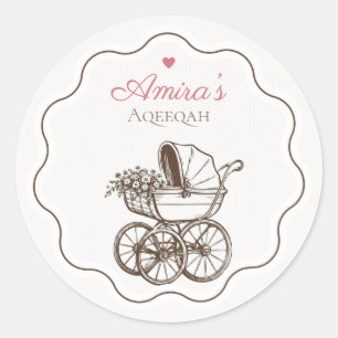 Adesivo Redondo Elegante Carrinho de Bebê Vintage Aqiqah Rosa Islâ