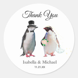 Adesivo Redondo Elegante Casal Penguin Obrigado Casamento