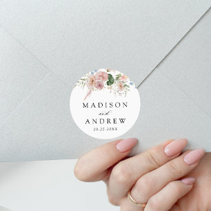 Adesivo Redondo Elegante Casamento Floral Romântico em Aquarela